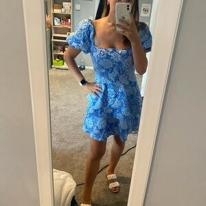 Floral Pattern Square Neck Puff Sleeve Layered Hem Dress